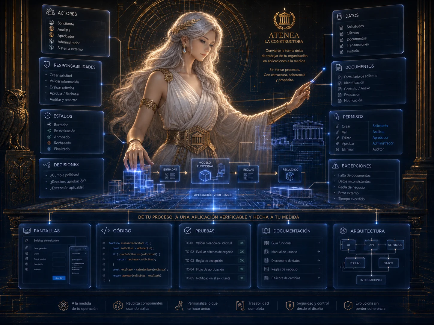 Atenea modelando actores, estados, reglas, documentos y una aplicación verificable