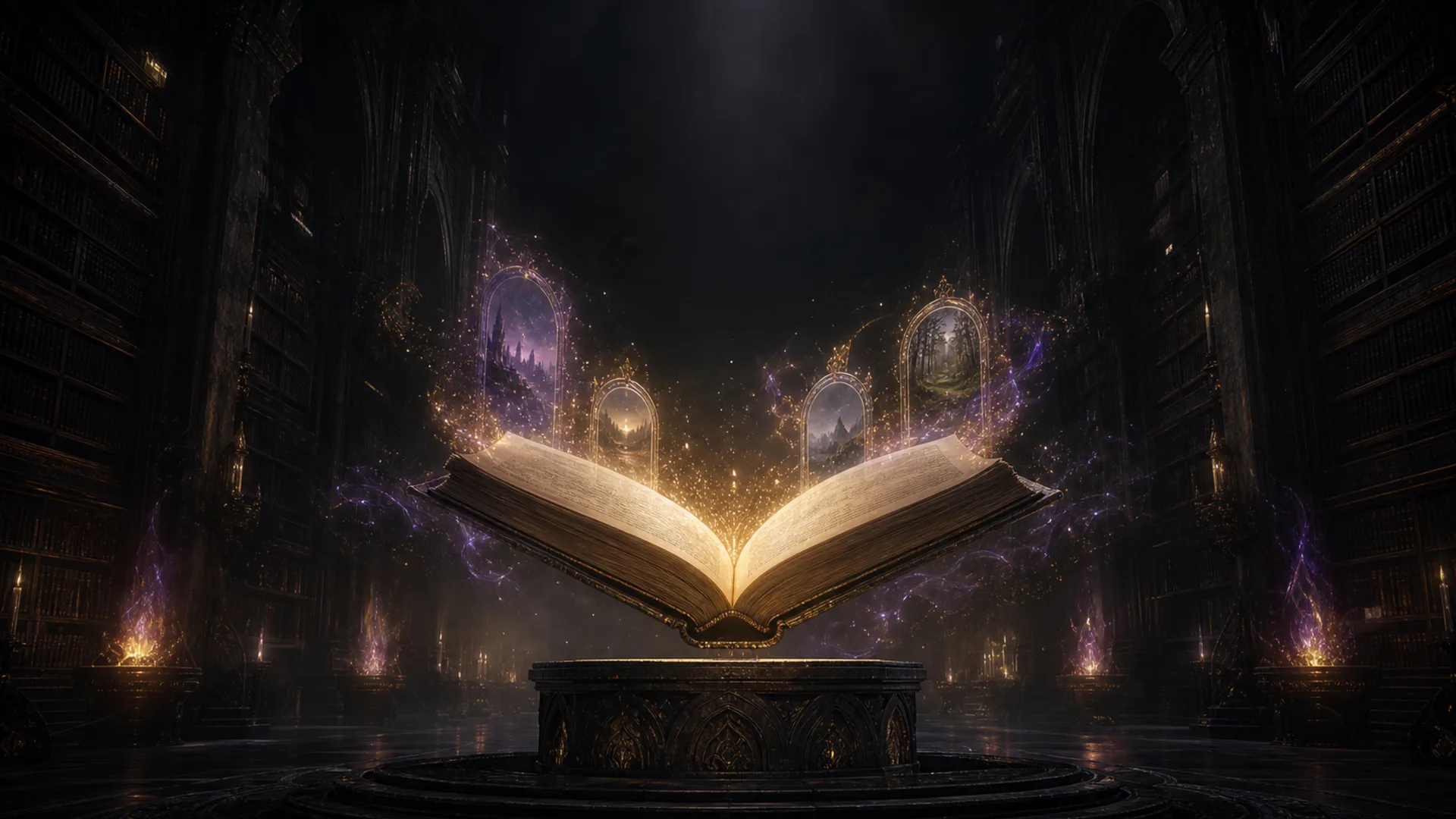Libro mágico de Saga abierto en una biblioteca fantástica