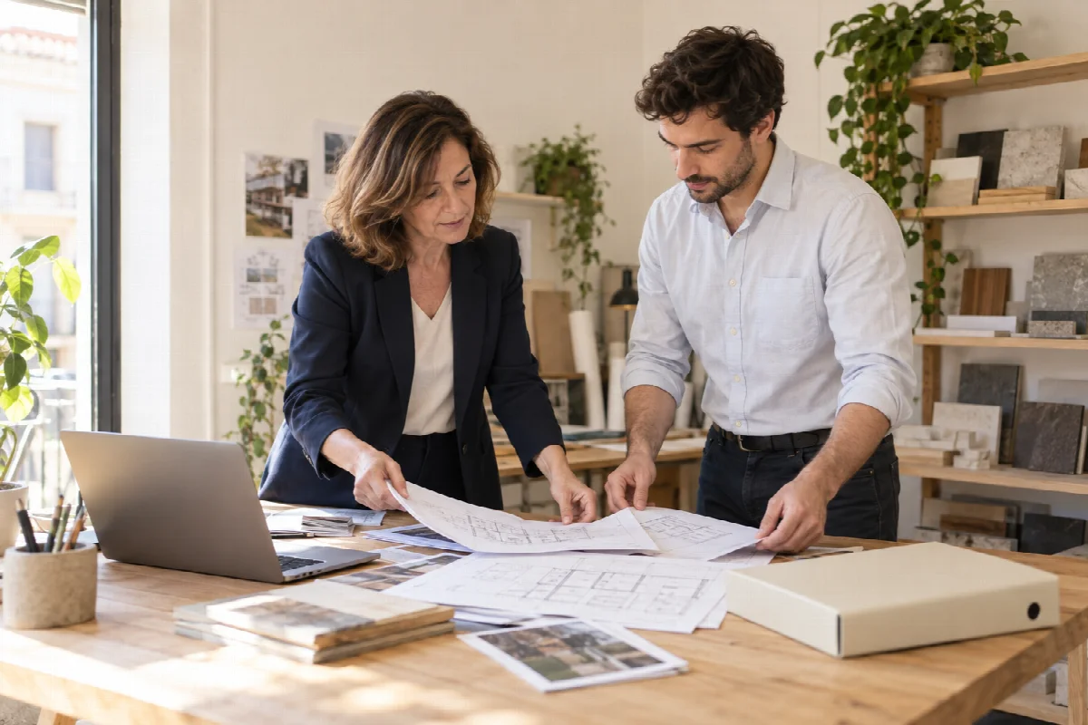 Dos profesionales organizan documentación de un proyecto en su mesa de trabajo.